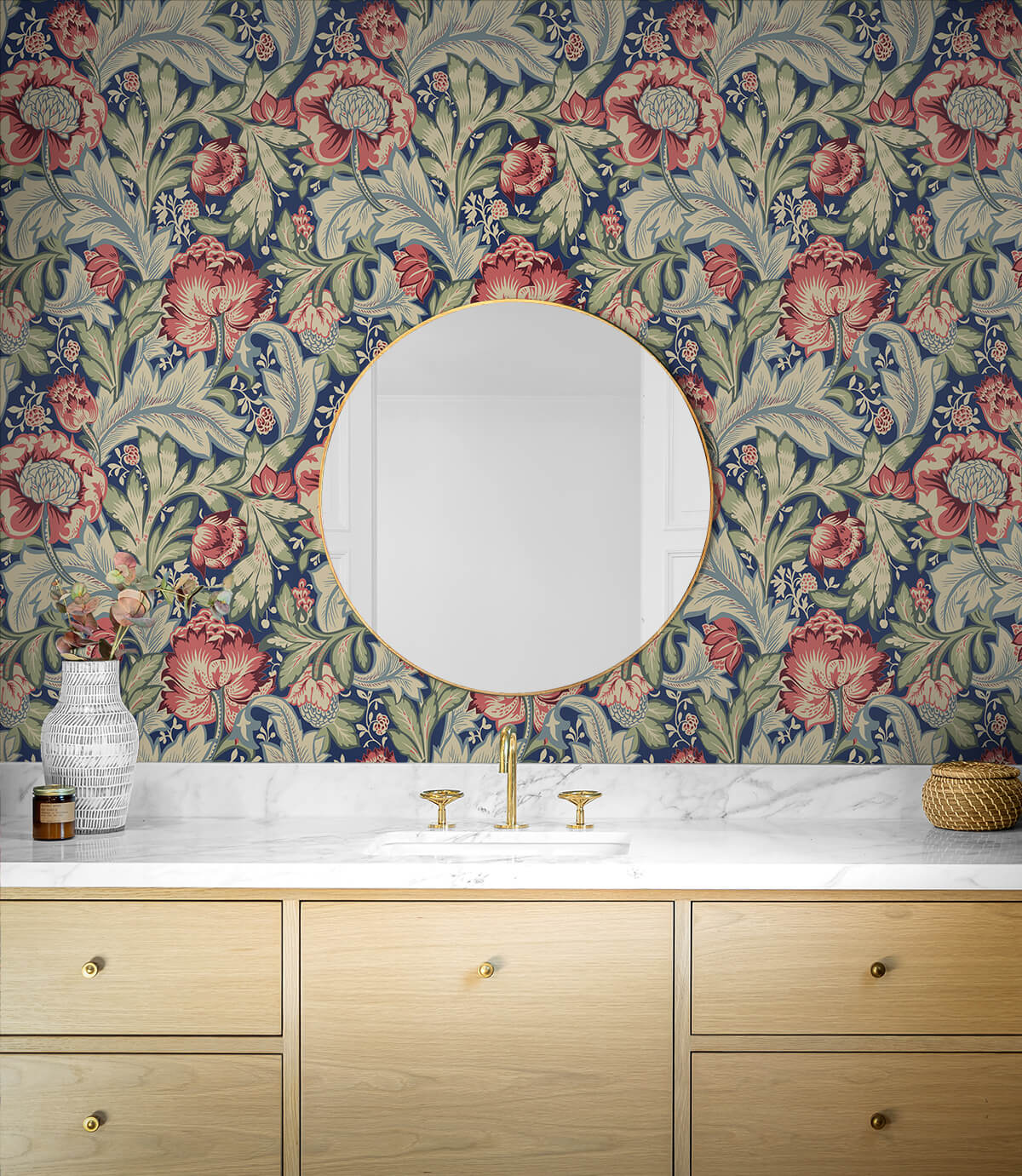 Seabrook Legacy Prints Acanthus Garden Wallpaper - Marine Blue & Watermelon