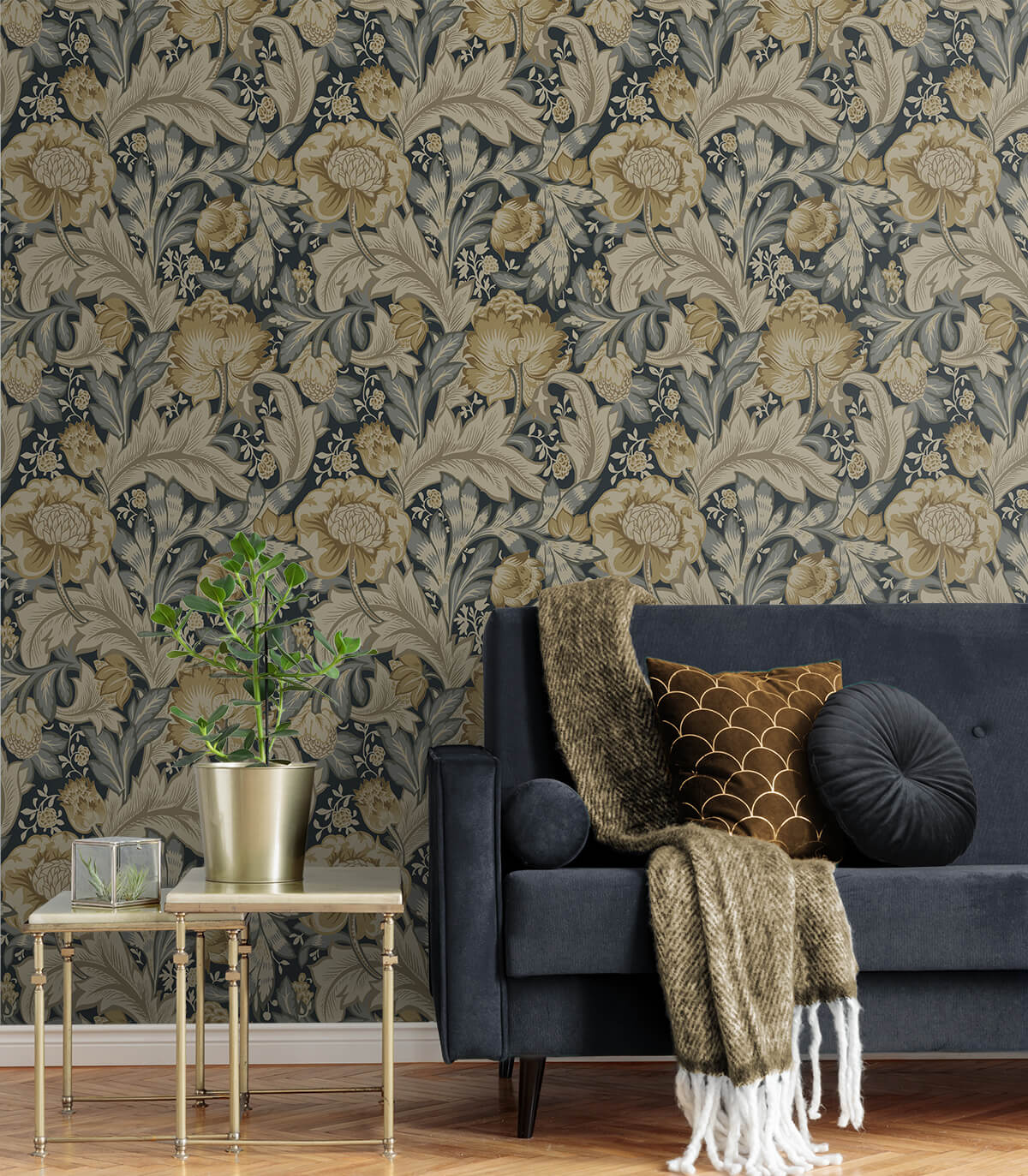 Seabrook Legacy Prints Acanthus Garden Wallpaper Sample - Midnight Blue & Beige