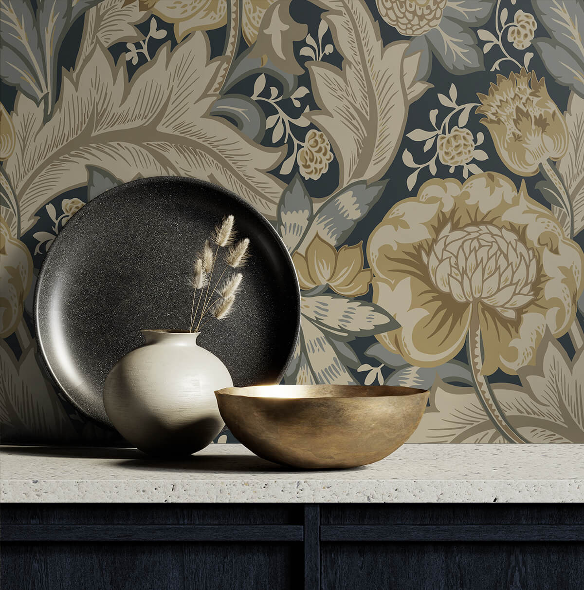 Seabrook Legacy Prints Acanthus Garden Wallpaper Sample - Midnight Blue & Beige