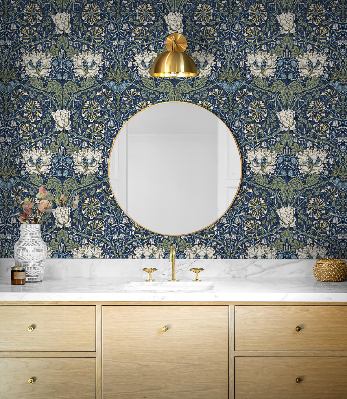 Seabrook Legacy Prints Ogee Flora Wallpaper Sample - Indigo Dye & Thyme