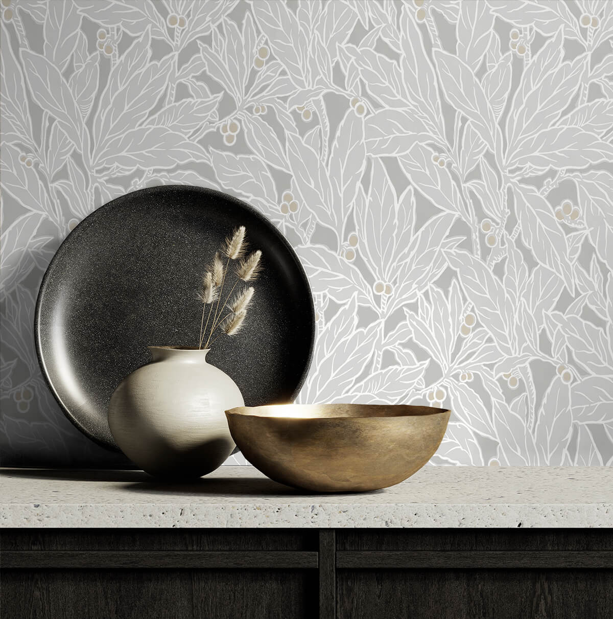 Seabrook Legacy Prints Leaf and Berry Wallpaper - Daydream Grey