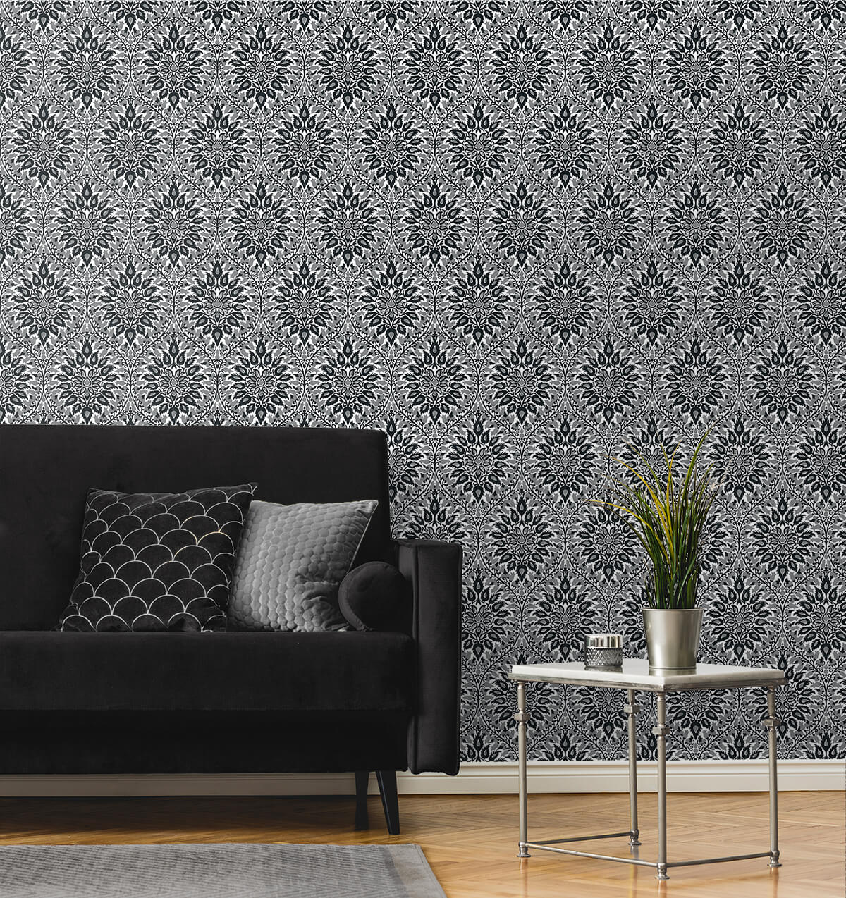 Seabrook Legacy Prints Luna Ogee Wallpaper Sample - Ebony & Argos Grey