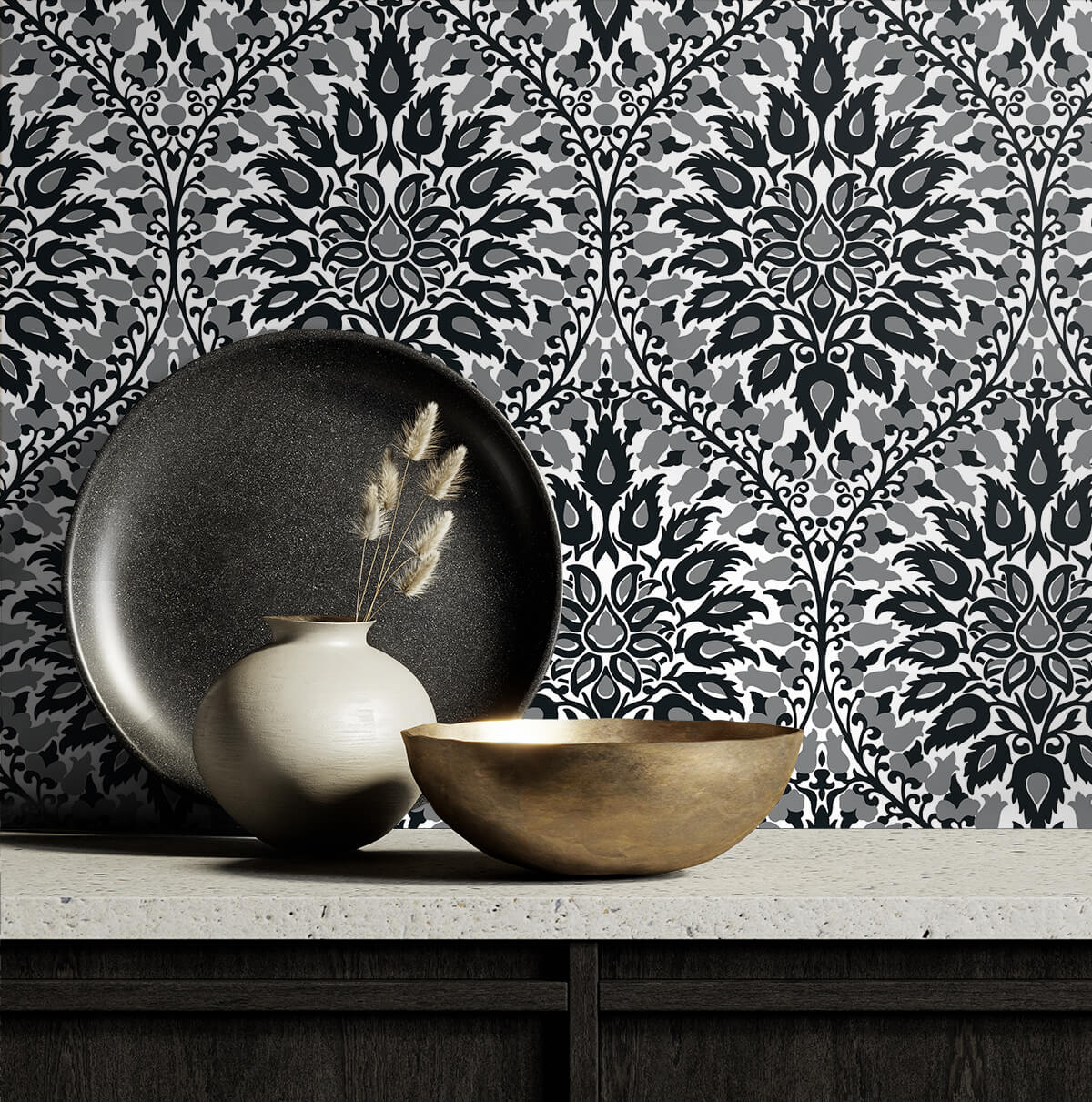Seabrook Legacy Prints Luna Ogee Wallpaper Sample - Ebony & Argos Grey