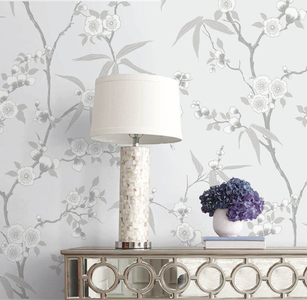 Seabrook White Heron Floral Blossom Trail Wallpaper Sample - Soft Grey