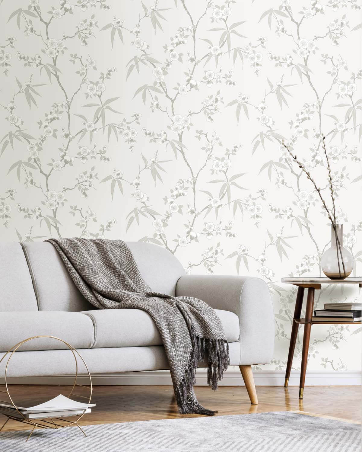 Seabrook White Heron Floral Blossom Trail Wallpaper Sample - Soft Grey
