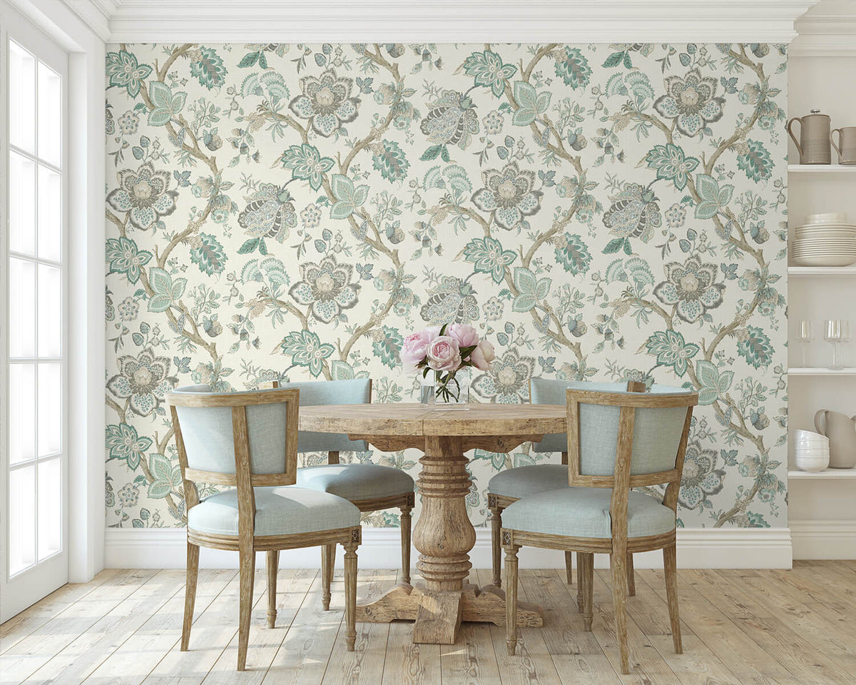 Seabrook French Country Bernadette Jacobean Wallpaper Sample - Summer Sky & French Blue