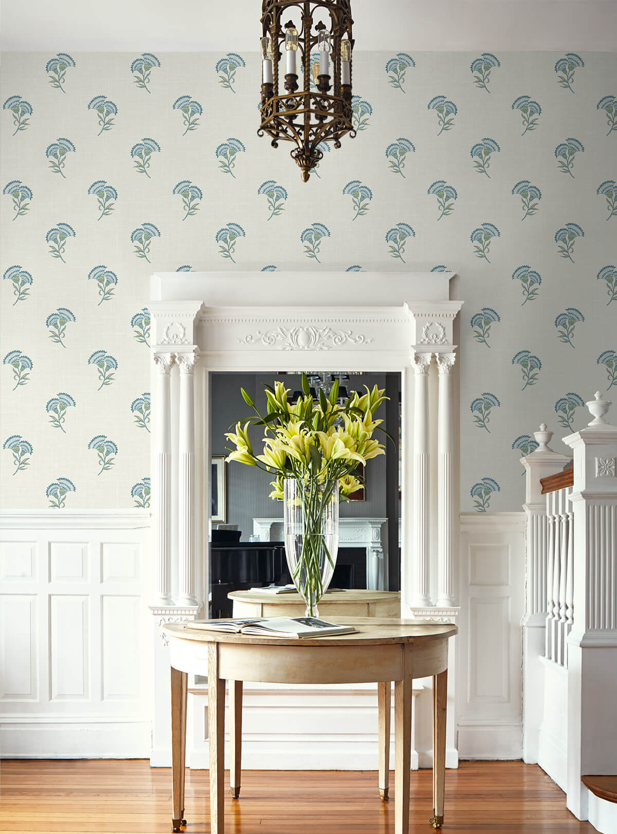 Seabrook French Country Lotus Branch Floral Wallpaper Sample - Blue Bell & Herb