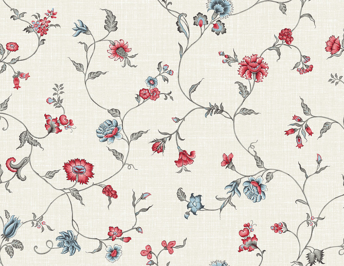 Seabrook French Country Florale Trail Wallpaper Sample - Antique Ruby & French Blue