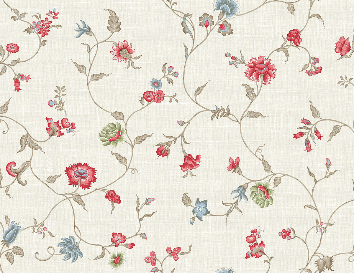 Seabrook French Country Florale Trail Wallpaper Sample - Cranberry & Blue Bell
