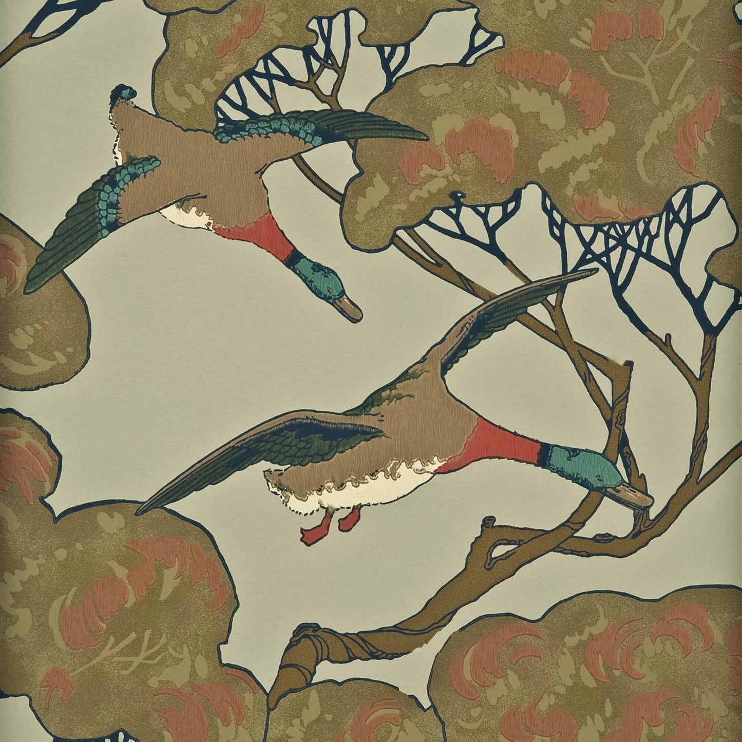 Lee Jofa Mulberry Flying Ducks Wallpaper - Sky & Moss