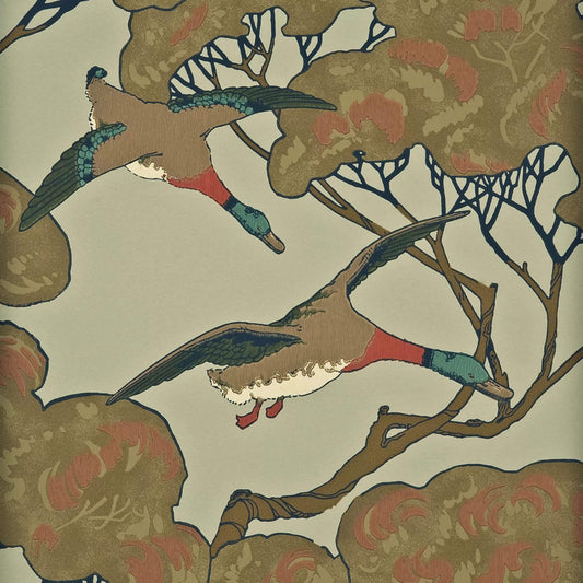 Lee Jofa Mulberry Flying Ducks Wallpaper - Sky & Moss