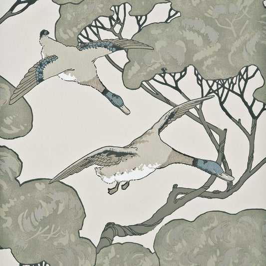 Lee Jofa Mulberry Flying Ducks Wallpaper - Silver & Taupe