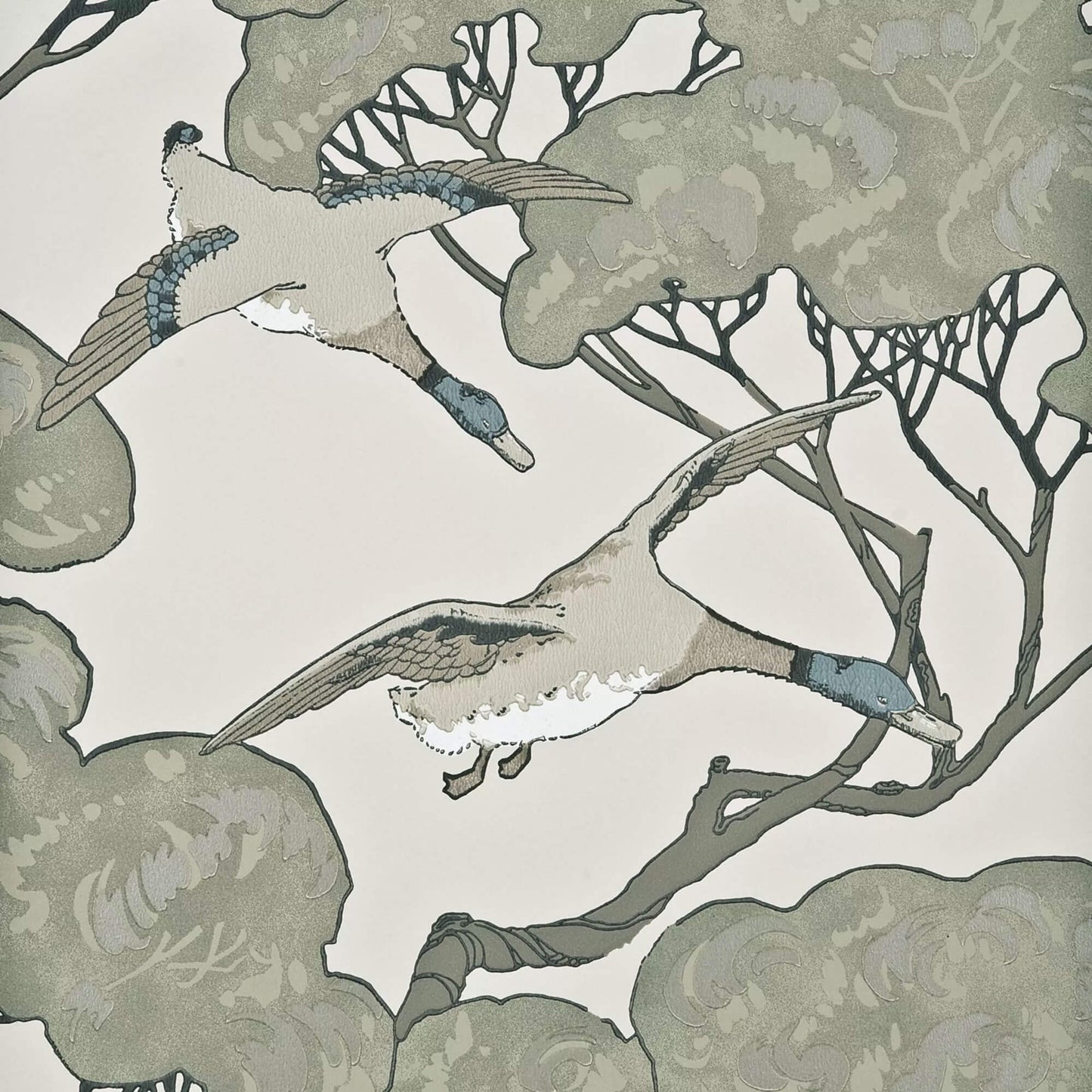 Lee Jofa Mulberry Flying Ducks Wallpaper - Silver & Taupe