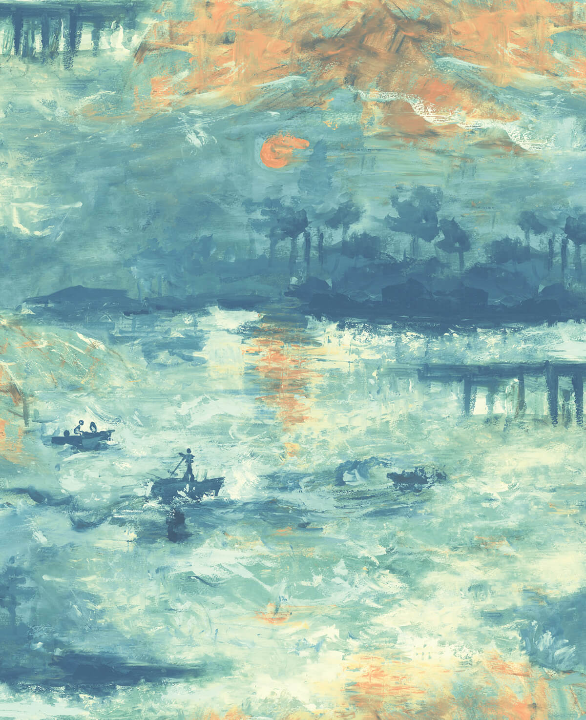 Seabrook French Impressionist Nautical Sunset Wallpaper - Multicolored
