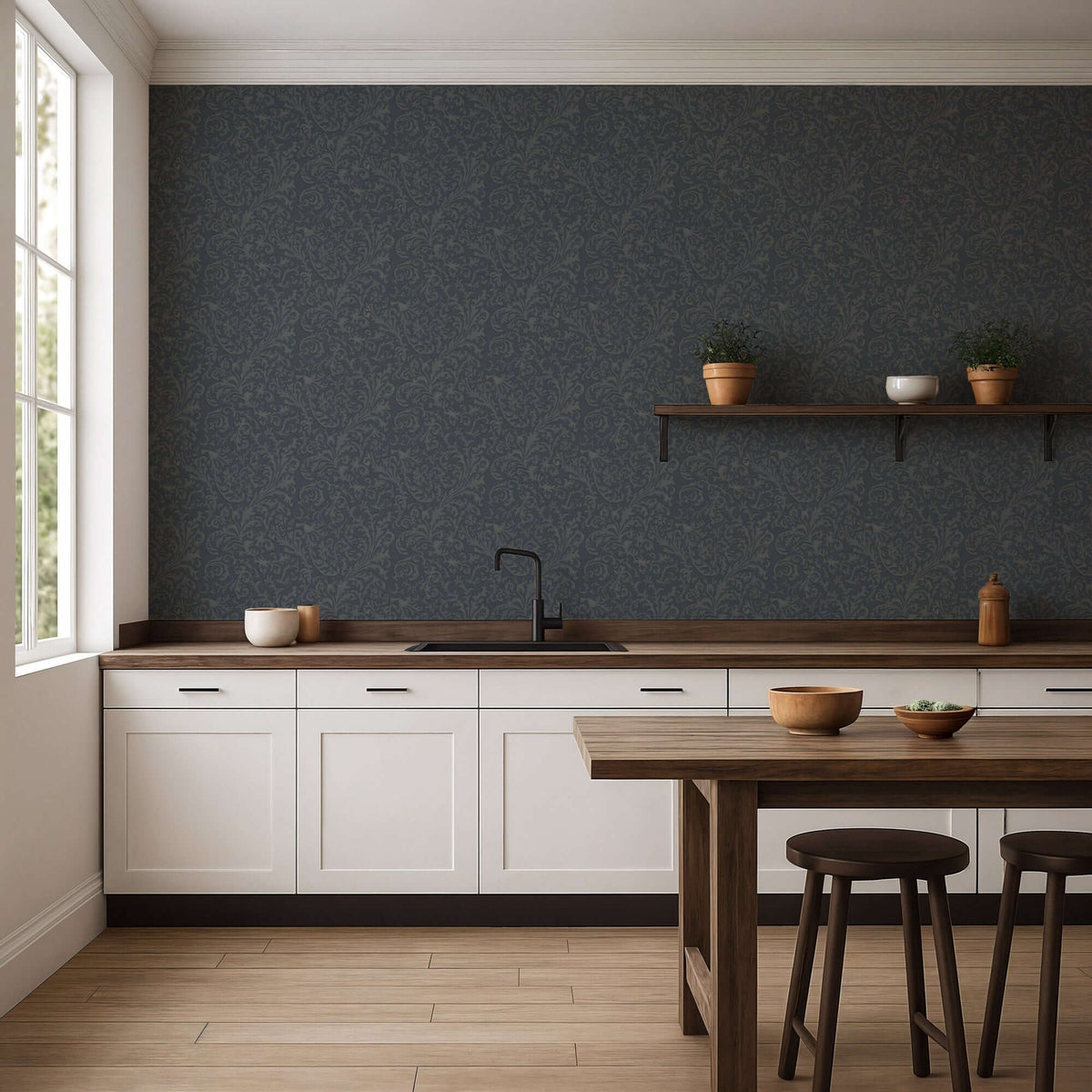 Mitchell Black Florentine Vine Wallpaper - Midnight