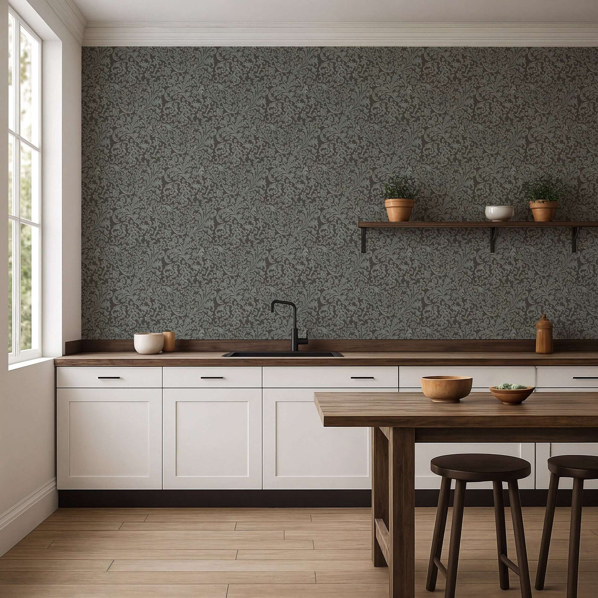 Mitchell Black Florentine Vine Wallpaper - Obsidian