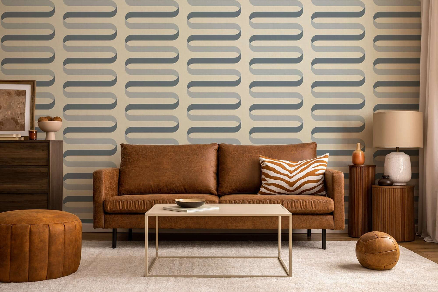 Mitchell Black Folding Ribbon Wallpaper - Off White Blue