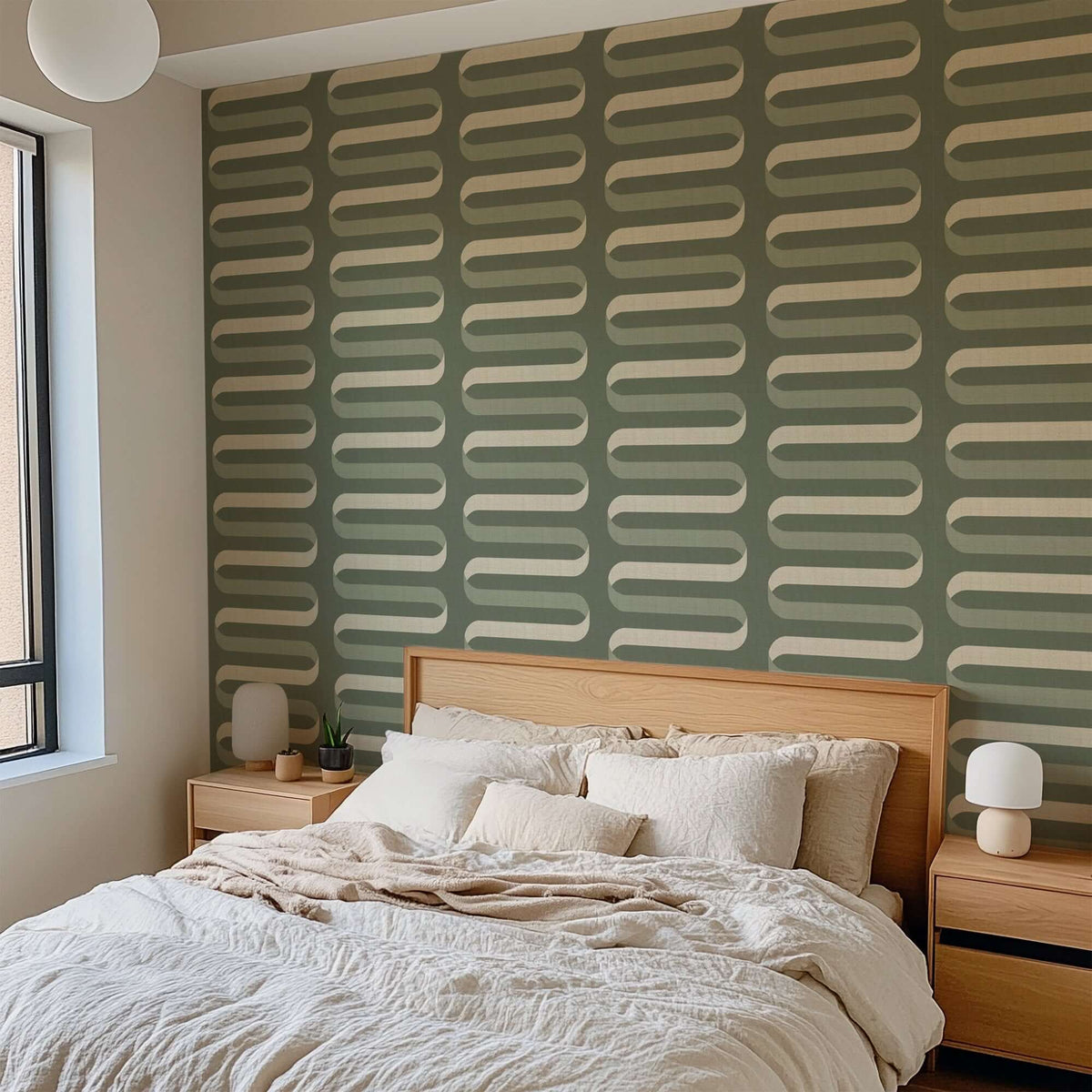 Mitchell Black Folding Ribbon Wallpaper - Thyme Green