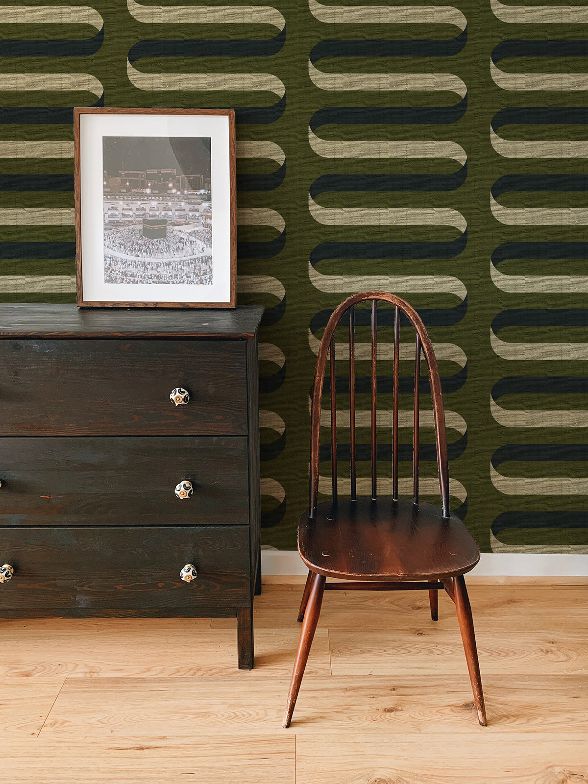 Mitchell Black Shape of Color Folding Ribbon Wallpaper Sample - Olive