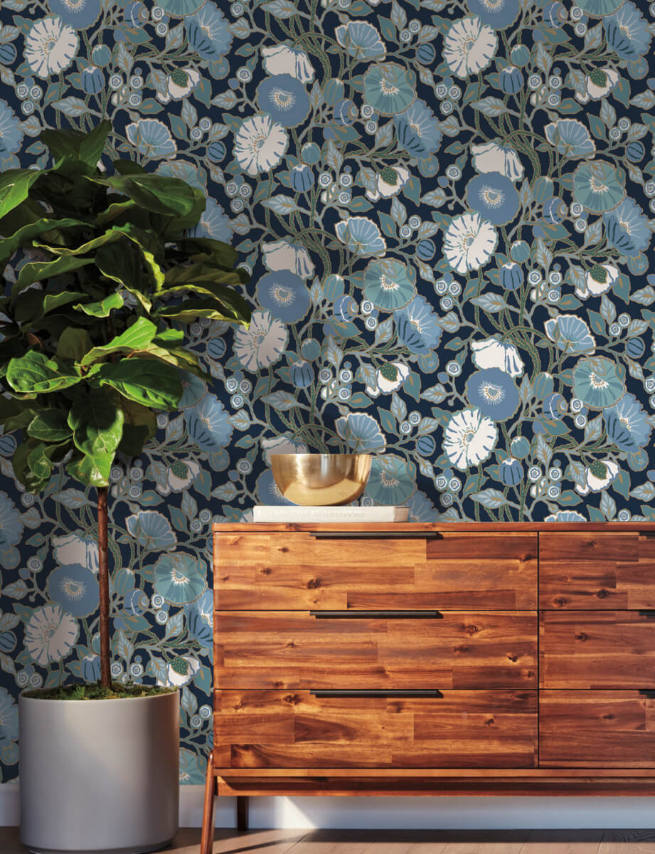 York Greenhouse Vincent Poppies Wallpaper - Indigo