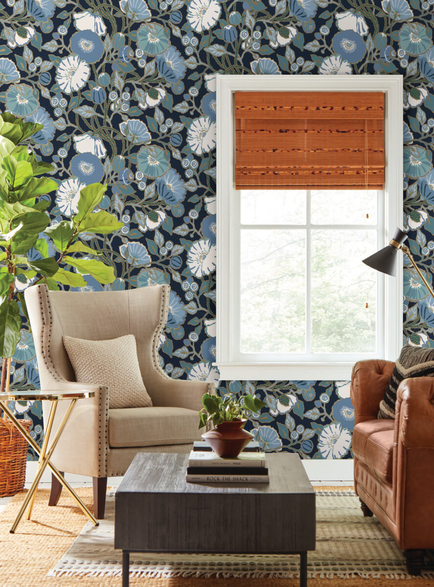 York Greenhouse Vincent Poppies Wallpaper - Indigo