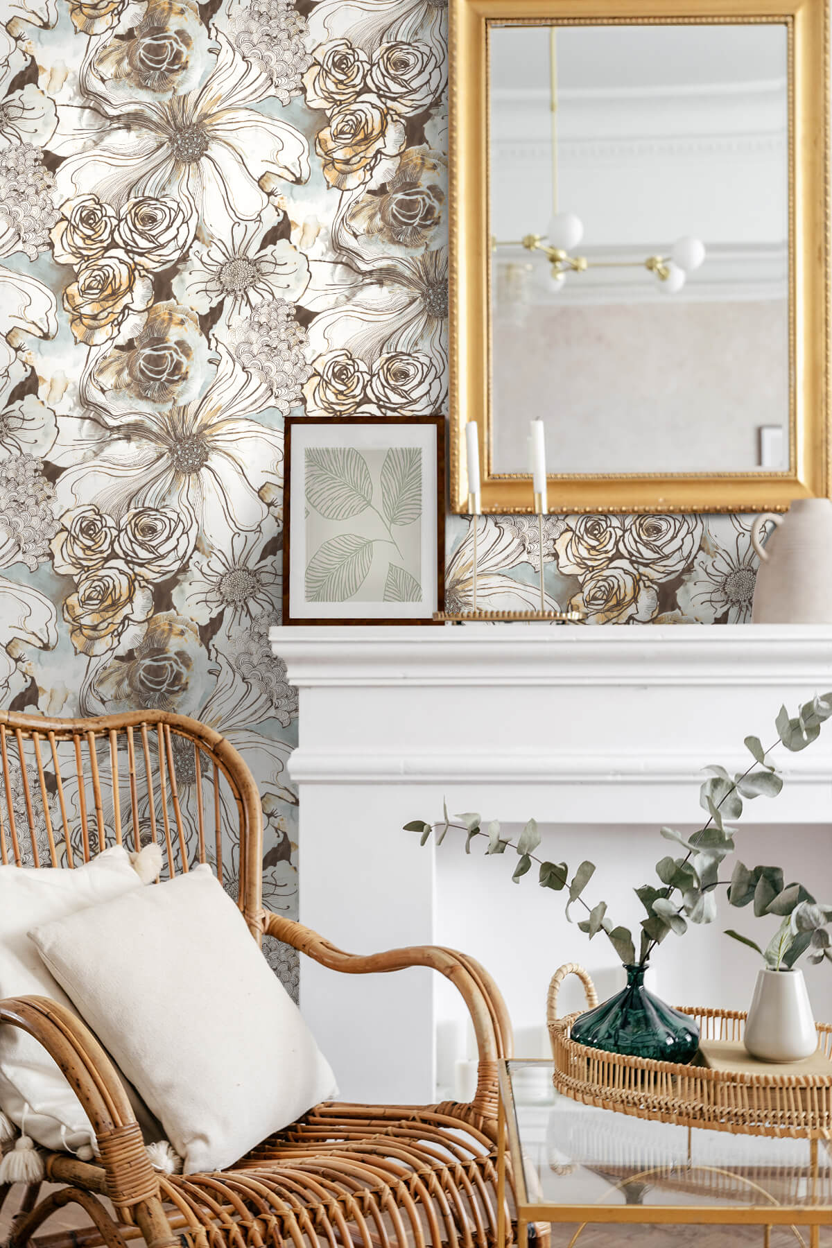Harry & Grace Ink Rose Peel & Stick Wallpaper - Mocha & Blue Mist
