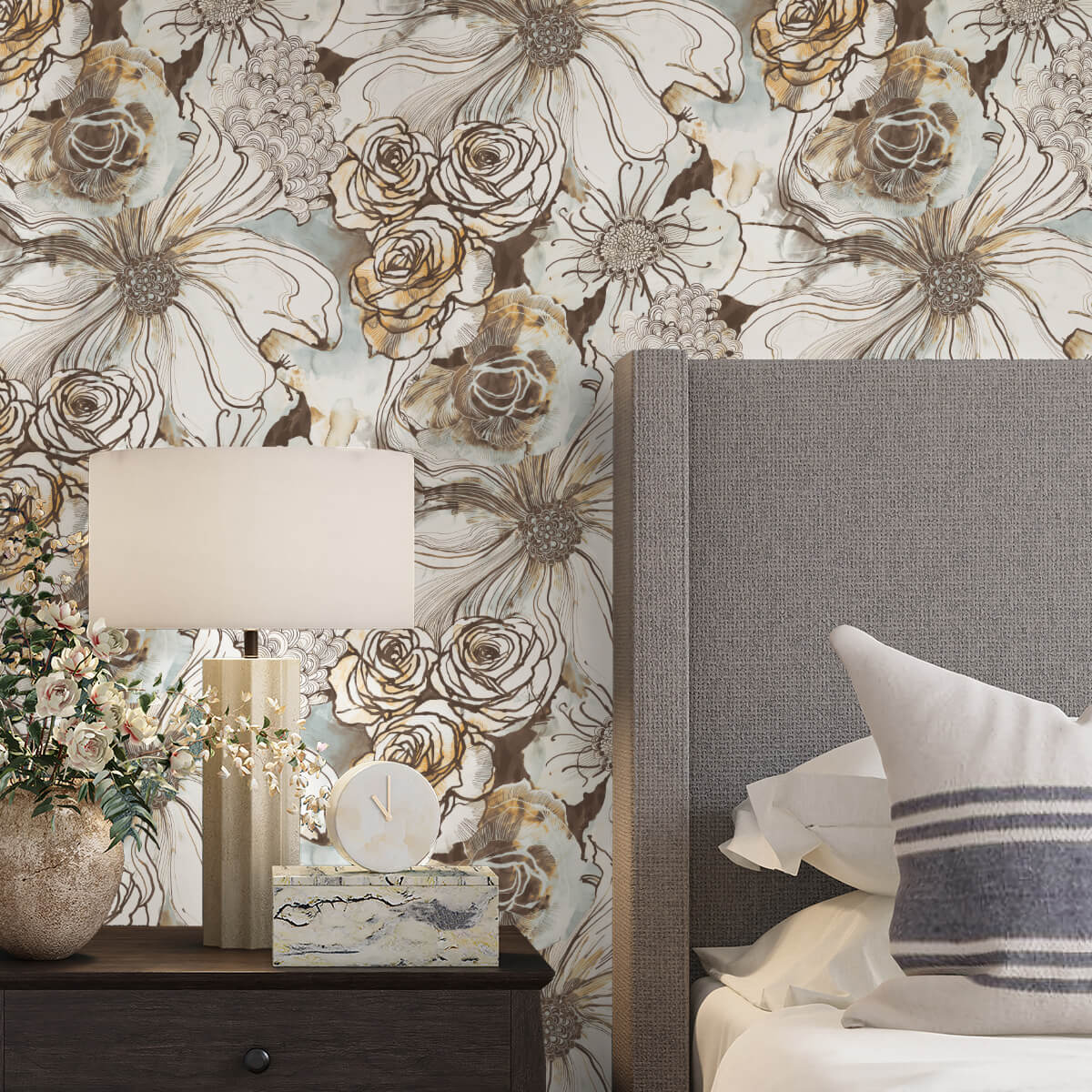 Harry & Grace Ink Rose Peel & Stick Wallpaper - Mocha & Blue Mist