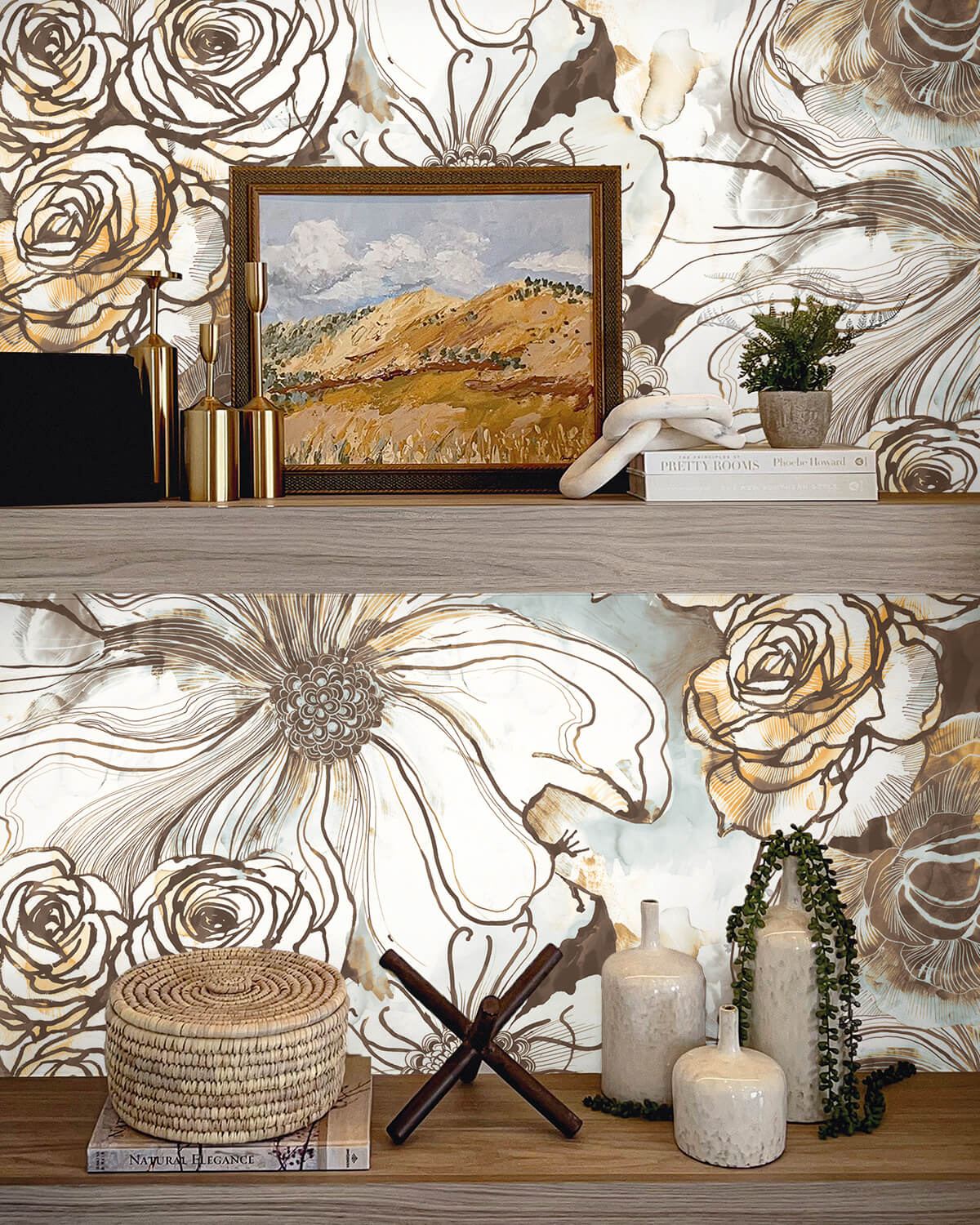 Harry & Grace Ink Rose Peel & Stick Wallpaper - Mocha & Blue Mist