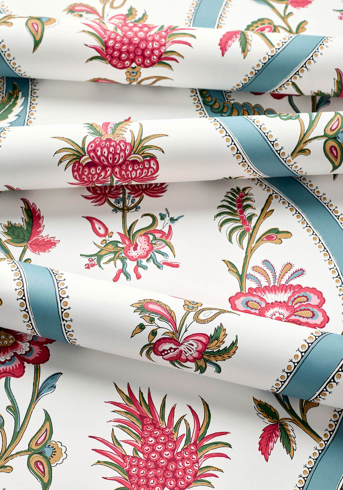Thibaut Indienne Ribbon Floral Wallpaper Sample - Raspberry & Teal