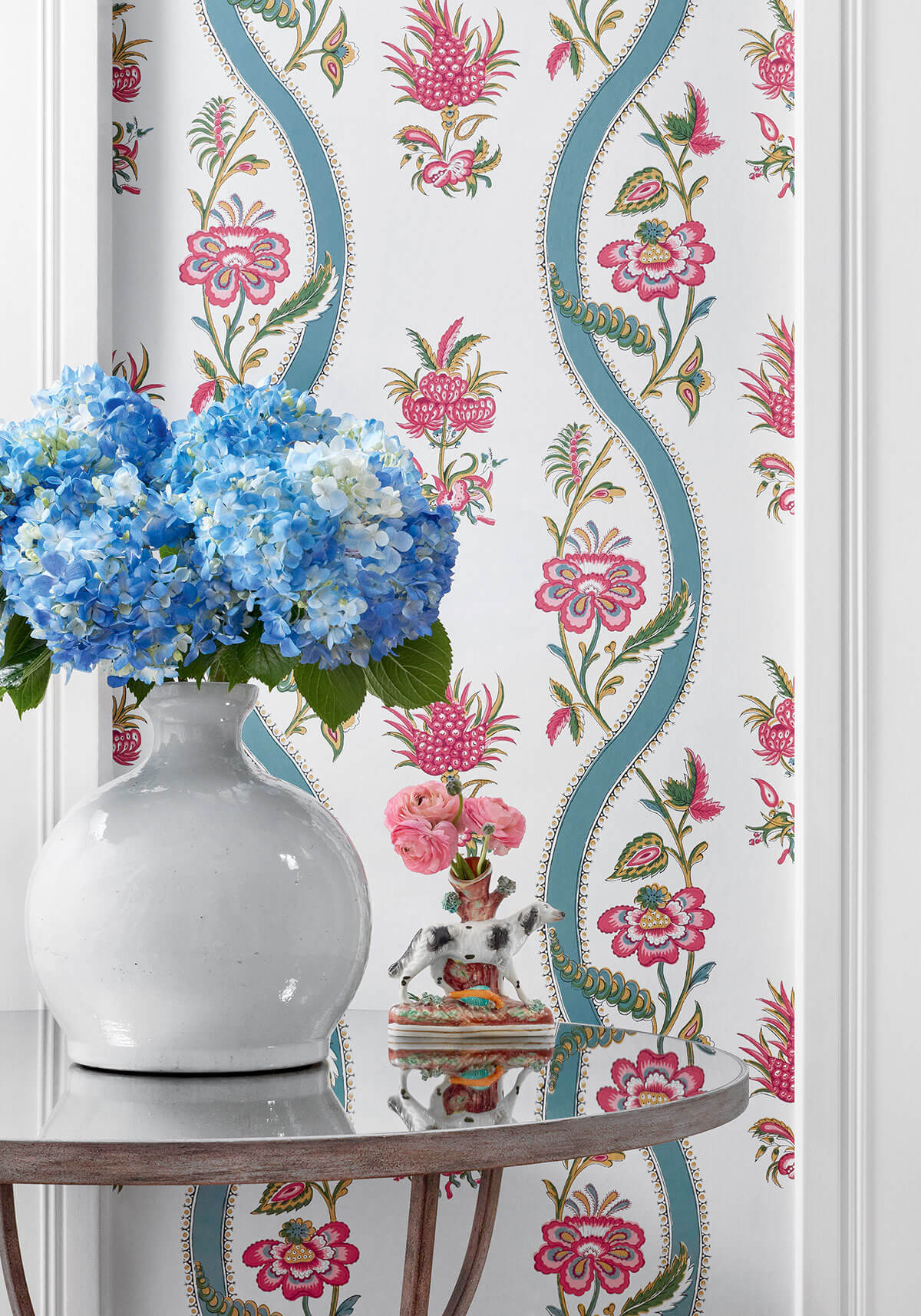 Thibaut Indienne Ribbon Floral Wallpaper Sample - Raspberry & Teal