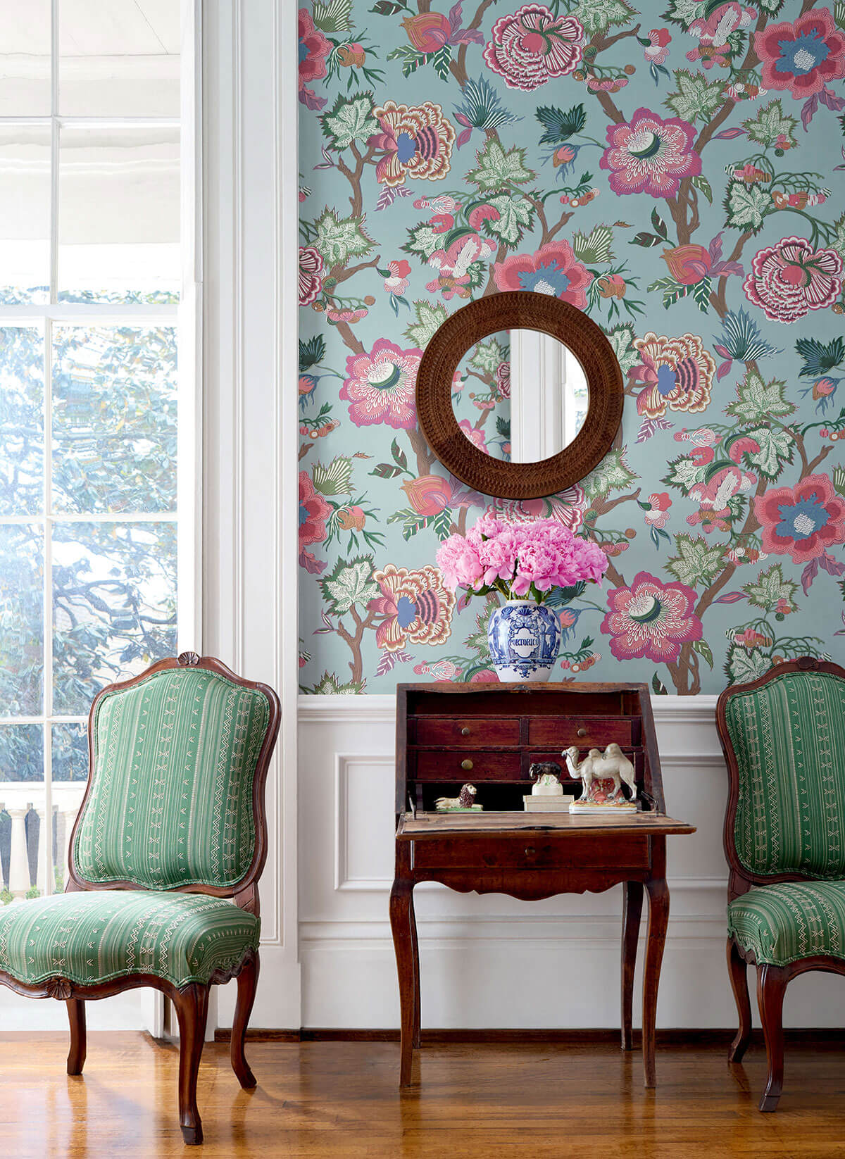 Thibaut Indienne Jacobean Wallpaper Sample - Raspberry & Teal
