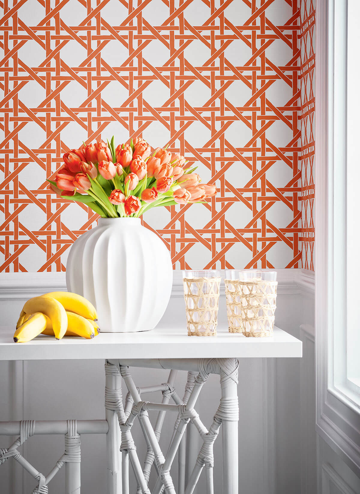 Thibaut Islander Canary Trellis Wallpaper Sample - Coral