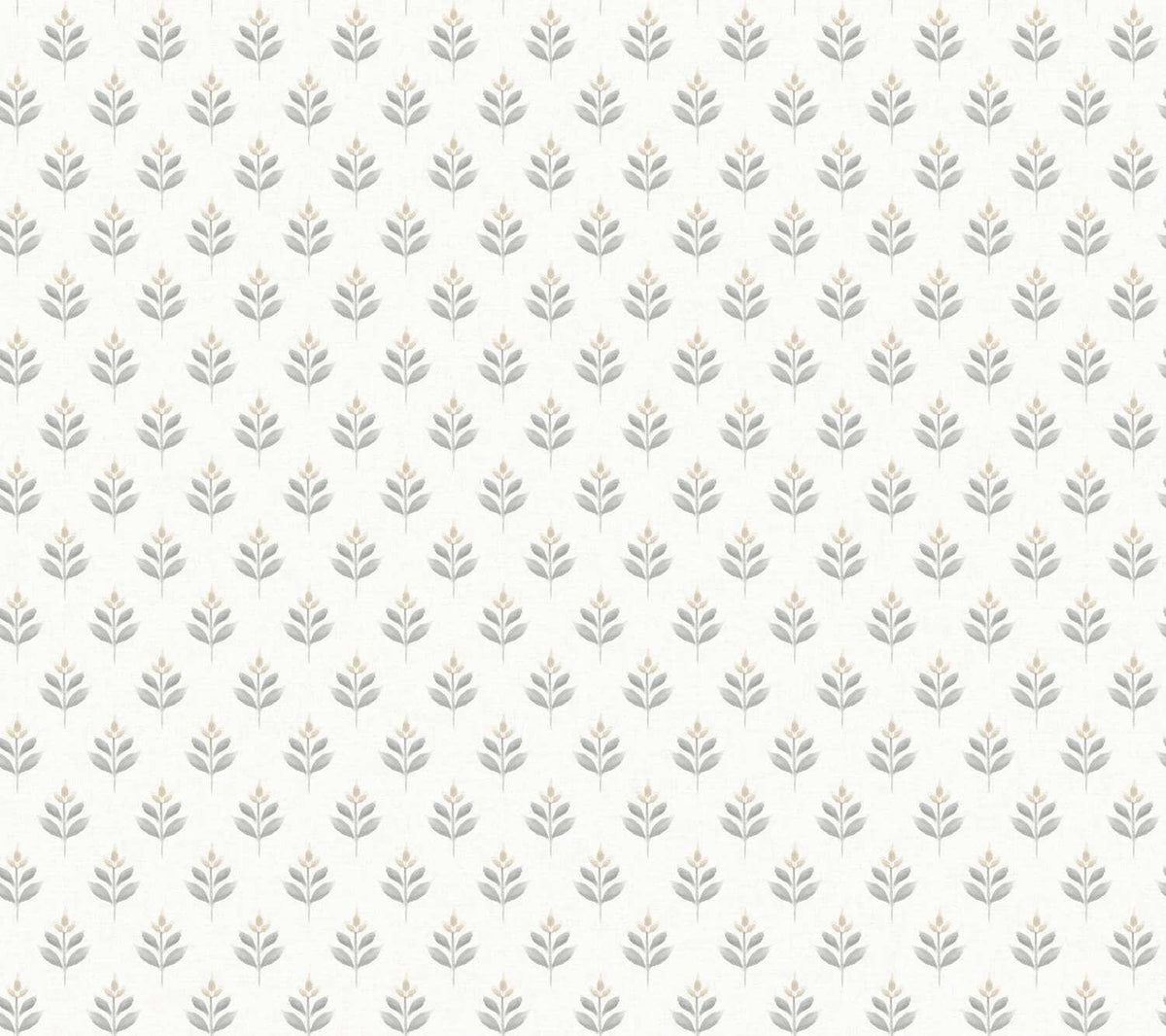 A repeating botanical pattern of small gray leaf motifs with pale blush-tan centers on a warm off-white background.