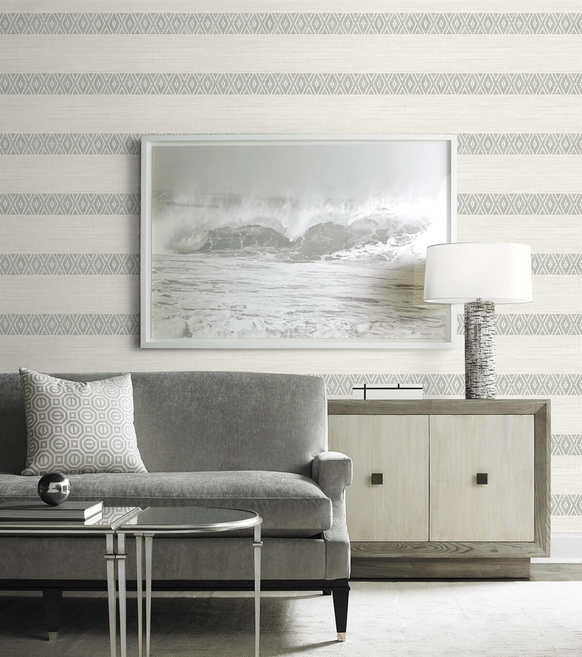 Lillian August Coastal Haven Alani Geo Stripe Wallpaper Sample - Fog