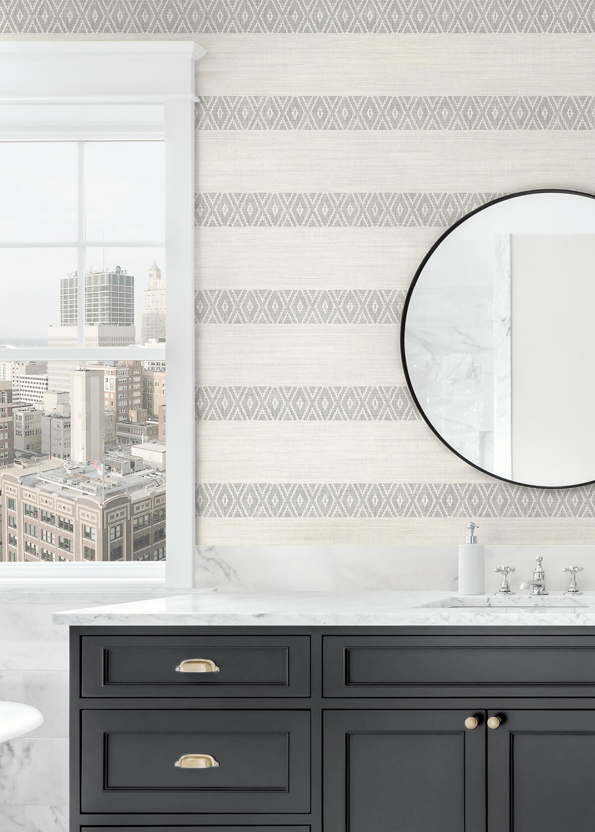 Lillian August Coastal Haven Alani Geo Stripe Wallpaper Sample - Fog