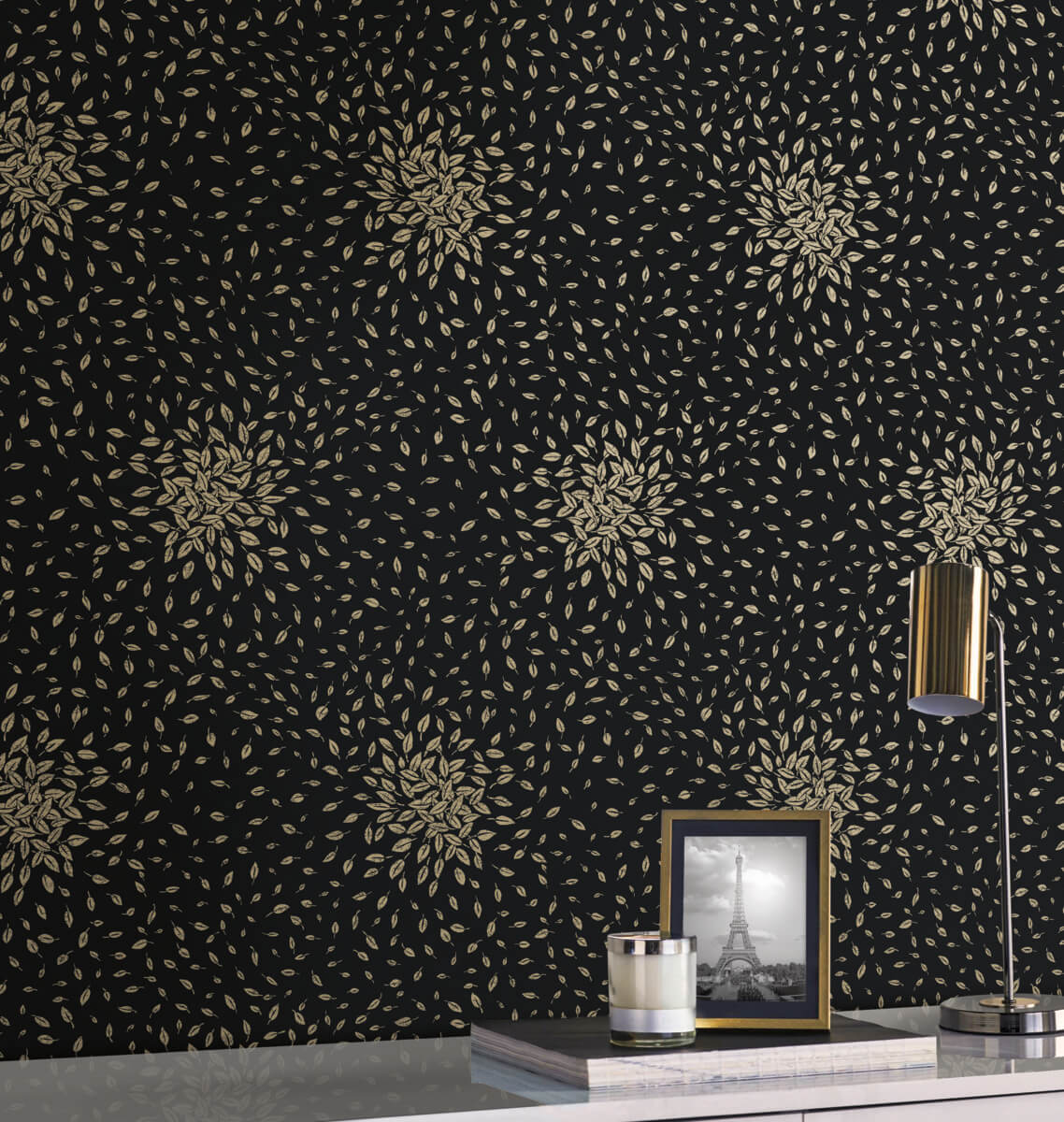 Antonina Vella Modern Metals Petite Leaves Wallpaper - Black & Gold
