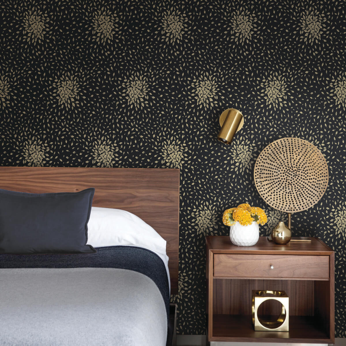 Antonina Vella Modern Metals Petite Leaves Wallpaper - Black & Gold