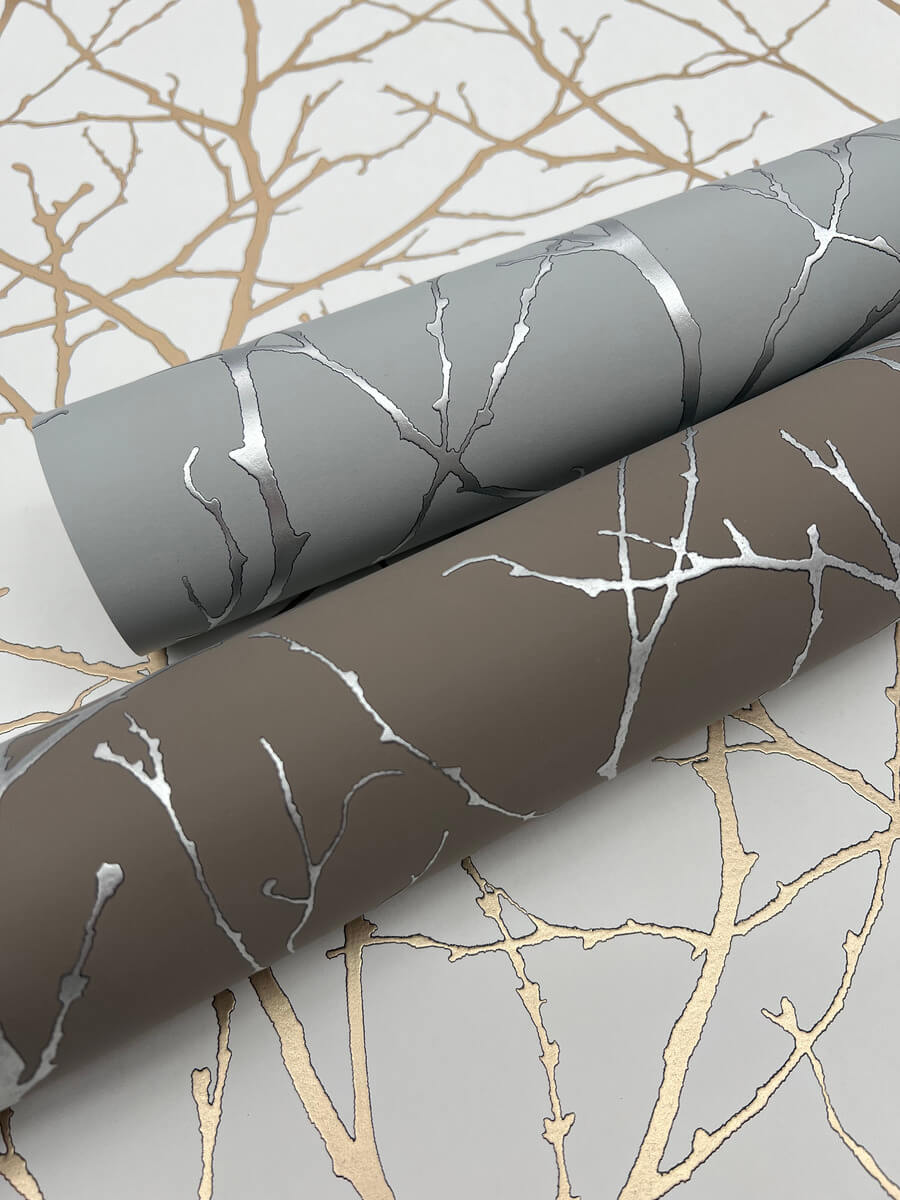 Antonina Vella Modern Metals Trees Silhouette Wallpaper Sample - Smokey Blue & Silver