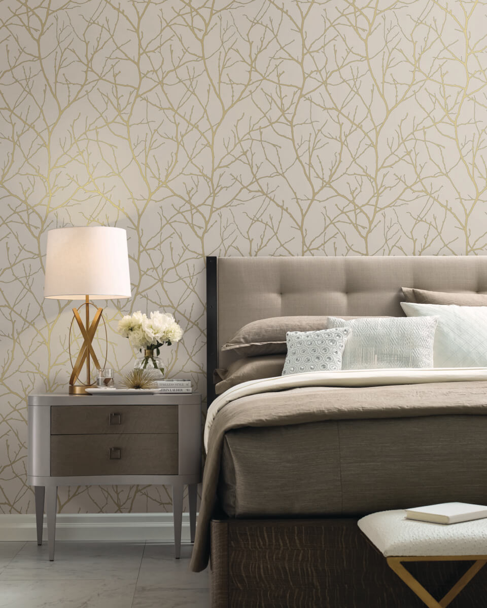 Antonina Vella Modern Metals Trees Silhouette Wallpaper - Beige & Gold