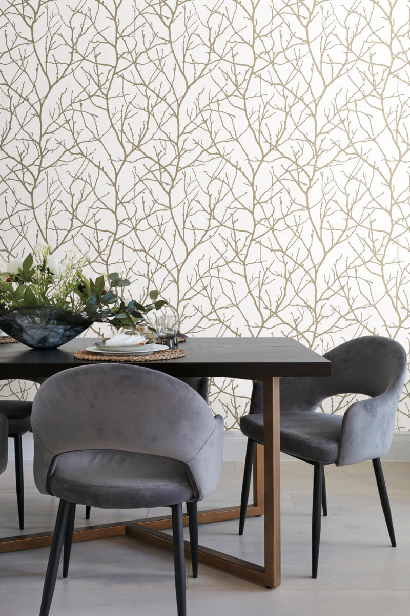 Antonina Vella Modern Metals Trees Silhouette Wallpaper Sample - White & Gold