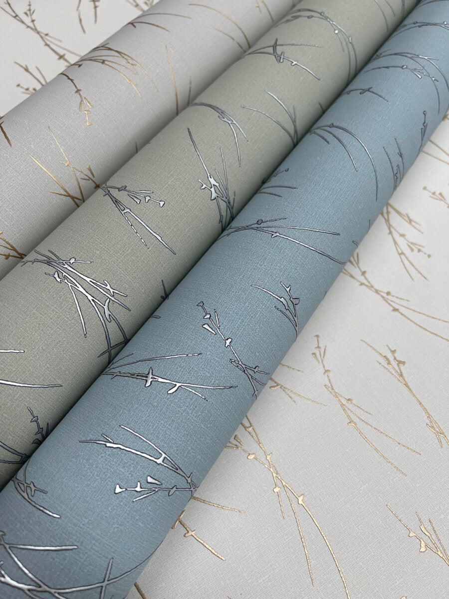 Antonina Vella Modern Metals Sprigs Wallpaper Sample - Smokey Blue & Silver