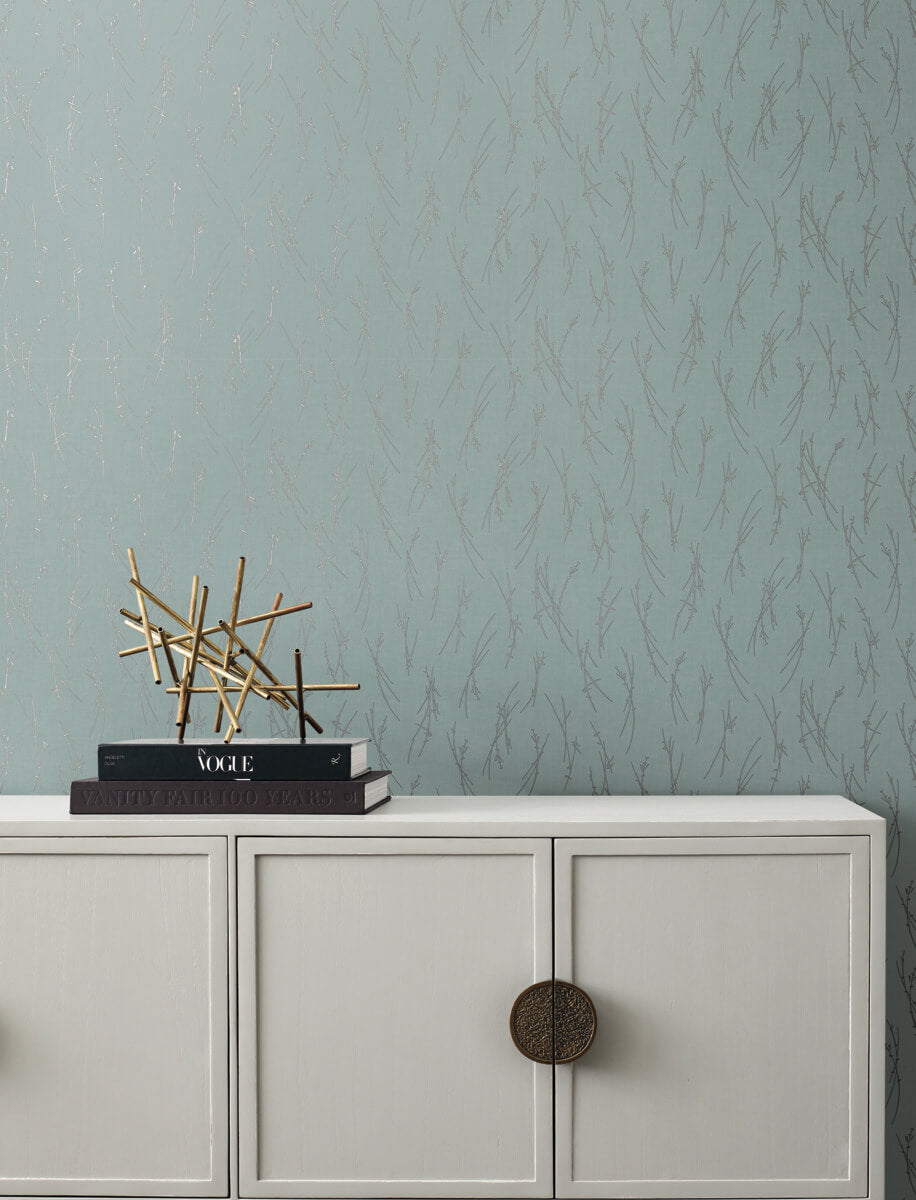 Antonina Vella Modern Metals Sprigs Wallpaper Sample - Smokey Blue & Silver
