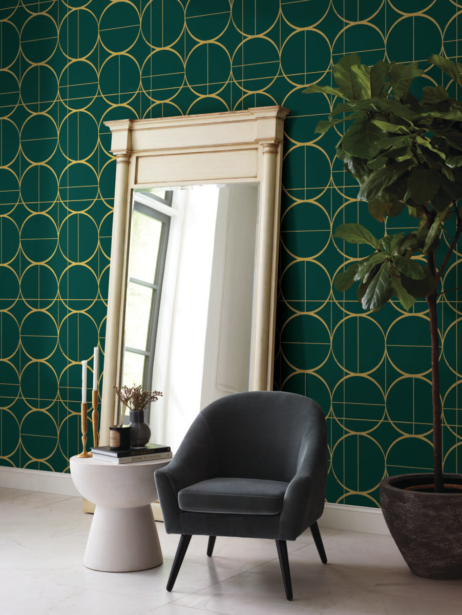Antonina Vella Modern Metals Sun Circles Wallpaper - Emerald & Gold