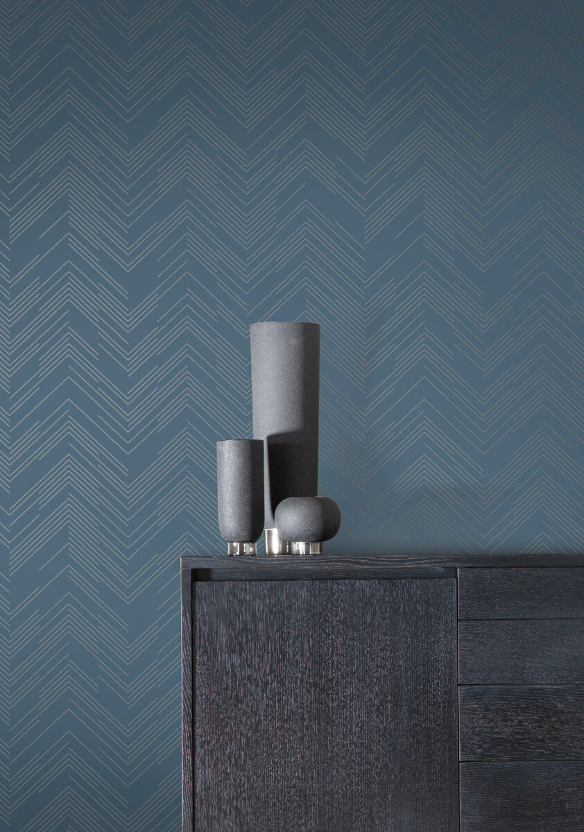 Antonina Vella Modern Metals Polished Chevron Wallpaper - Blue & Silver