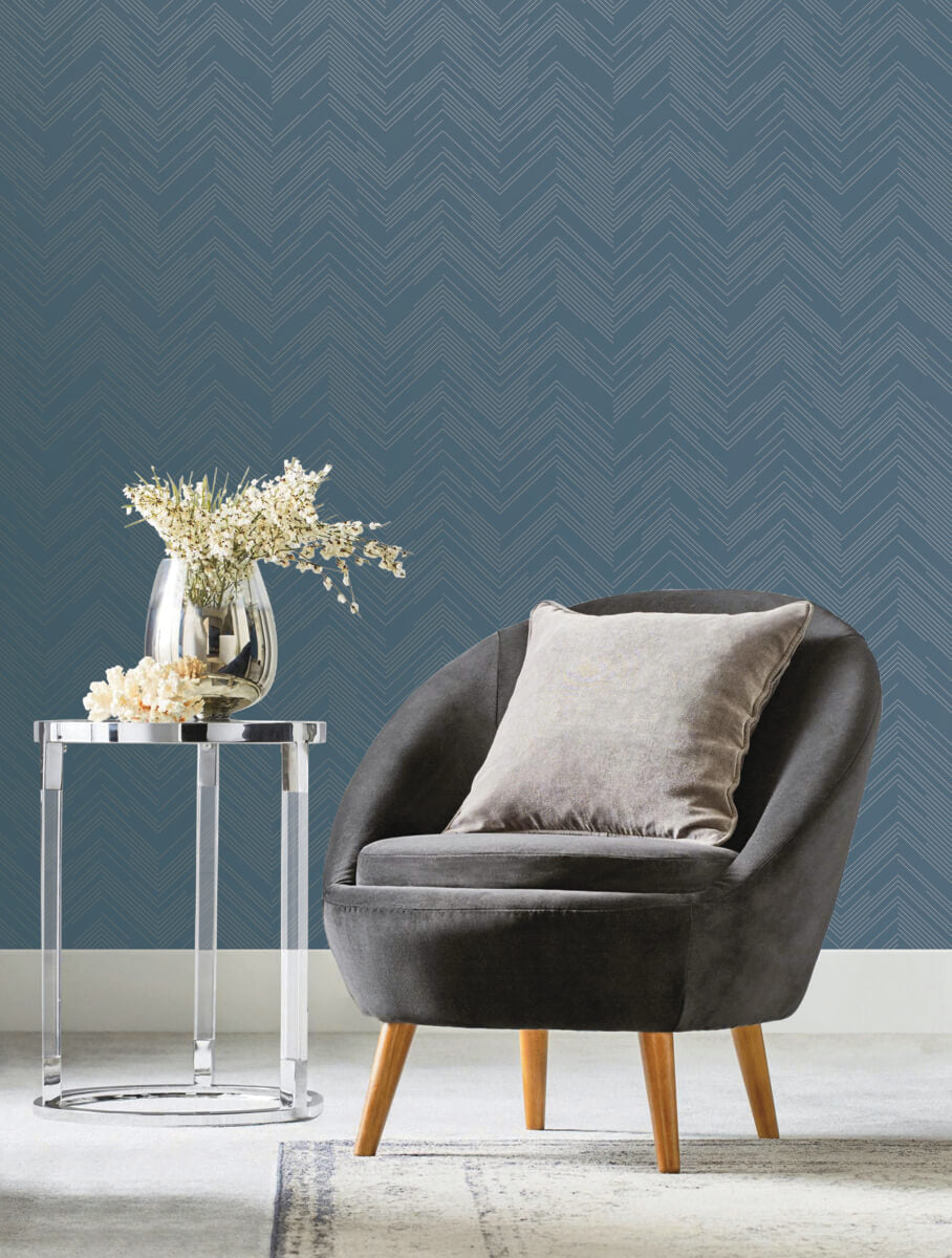 Antonina Vella Modern Metals Polished Chevron Wallpaper - Blue & Silver