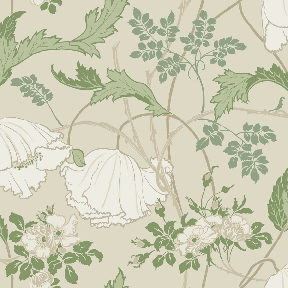 Floral and leaf pattern with green and white on a beige background