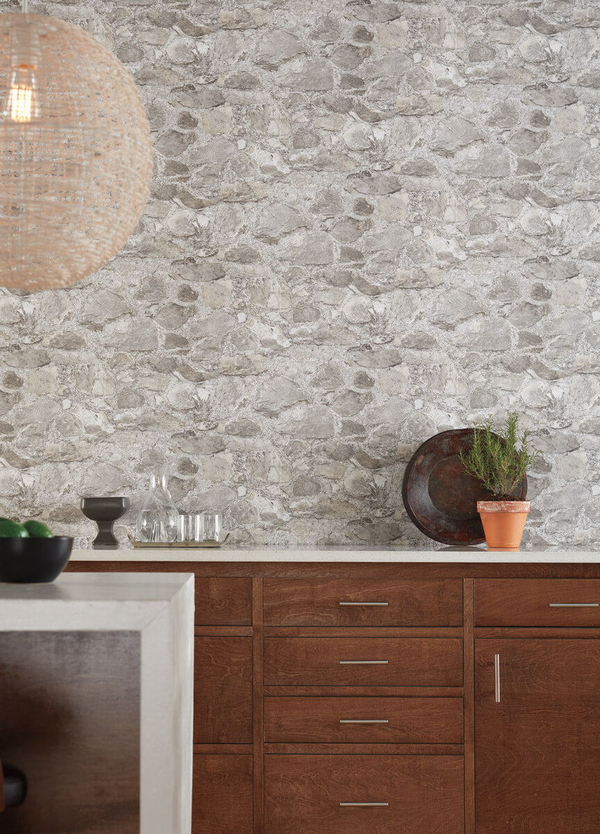 York Mediterranean Field Stone Wallpaper - Gray