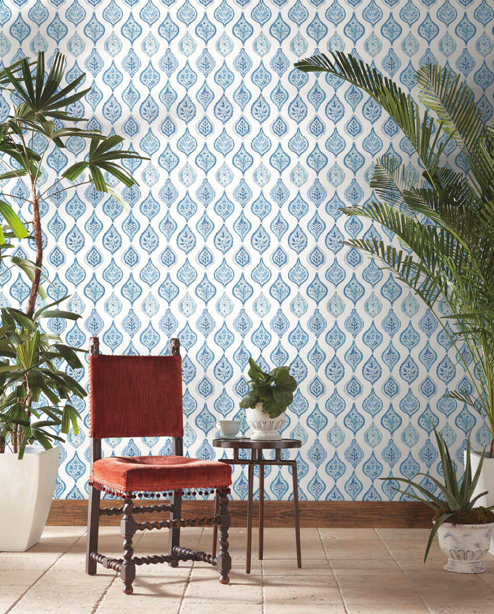 York Mediterranean Marketplace Motif Wallpaper - Blue