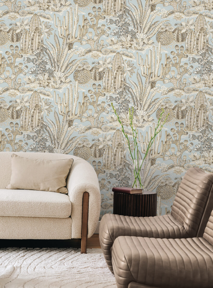 York Montecito Lotus Land Cacti Wallpaper Sample - Sky Blue