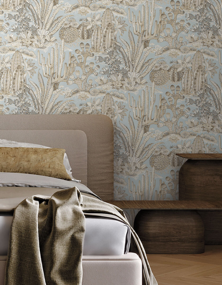 York Montecito Lotus Land Cacti Wallpaper Sample - Sky Blue
